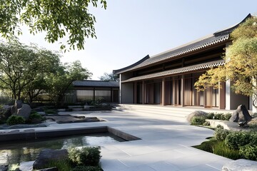 Obraz premium Traditional Chinese Architecture with Garden Pond