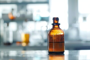 Acids. Strong Concentrated Sulfuric, Nitric, and Hydrochloric Acids in Brown Amber Bottle on Laboratory Background
