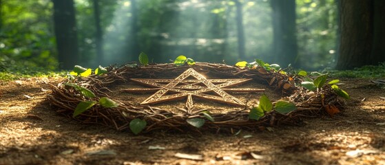 Fototapeta premium Pentacle Forest Gathering Wicca, Paganism Religion Spiritual Symbol