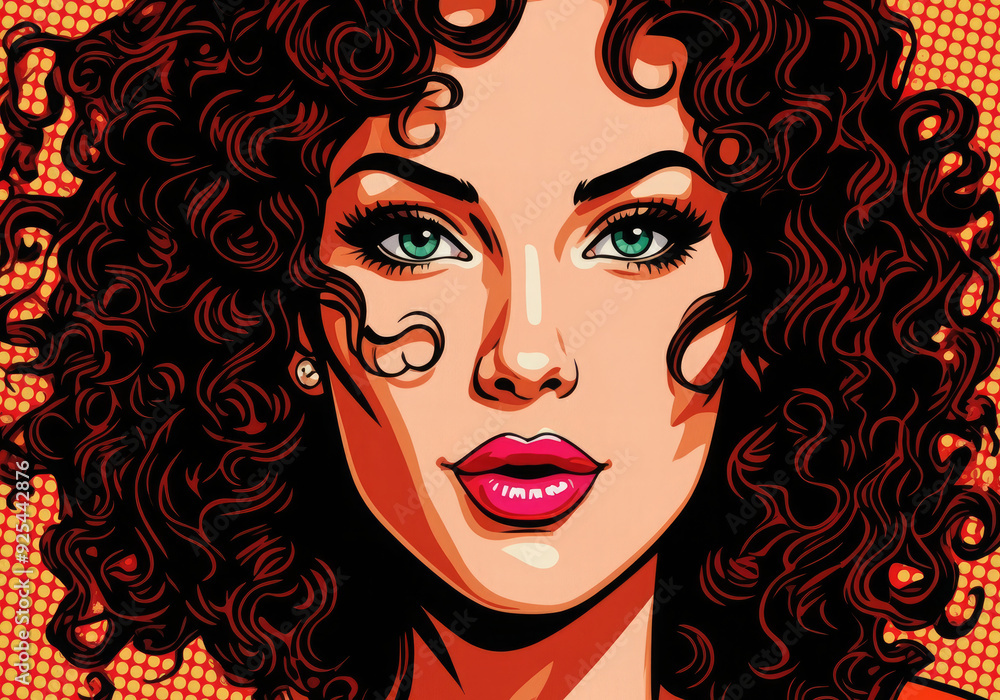 Wall mural portrait of a woman with curly hair. pop art and comic book inspired illustration.