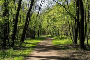 Fototapeta premium A serene forest pathway, surrounded by lush green trees on a sunny day.