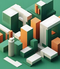 Abstract Geometric Cityscape Illustration with Green, Orange, and White Colors