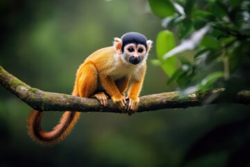 Fototapeta premium A vibrant squirrel monkey perched on a branch in a lush, green forest setting.