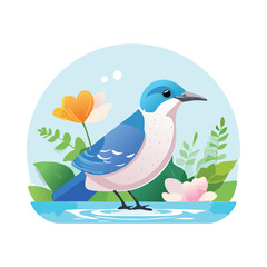 Vector illustration of a cute bird on a background of flowers. Flat style.