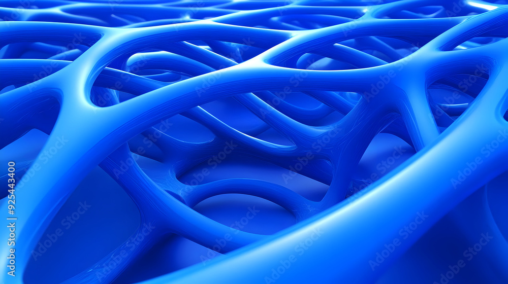 Poster abstract blue structure resembling interconnected networks or fibers.