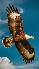 Obraz premium Philippine Eagle Flying with Blue Sky Background, Realistic Photo, Pattern Background, Wallpaper, Cover and Screen for Smartphone, Cell Phone, Computer, Laptop