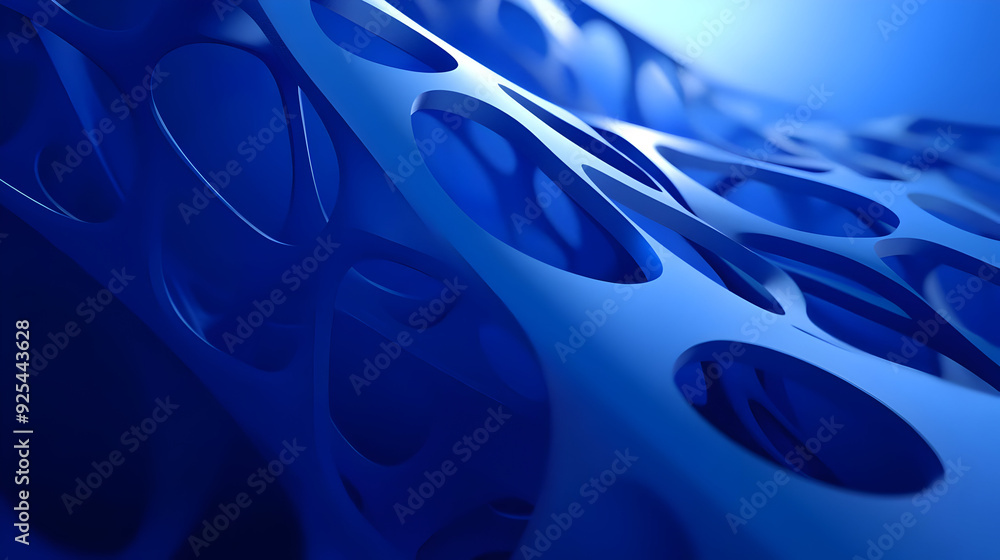 Poster abstract blue structure with circular openings, suggesting depth and fluidity.