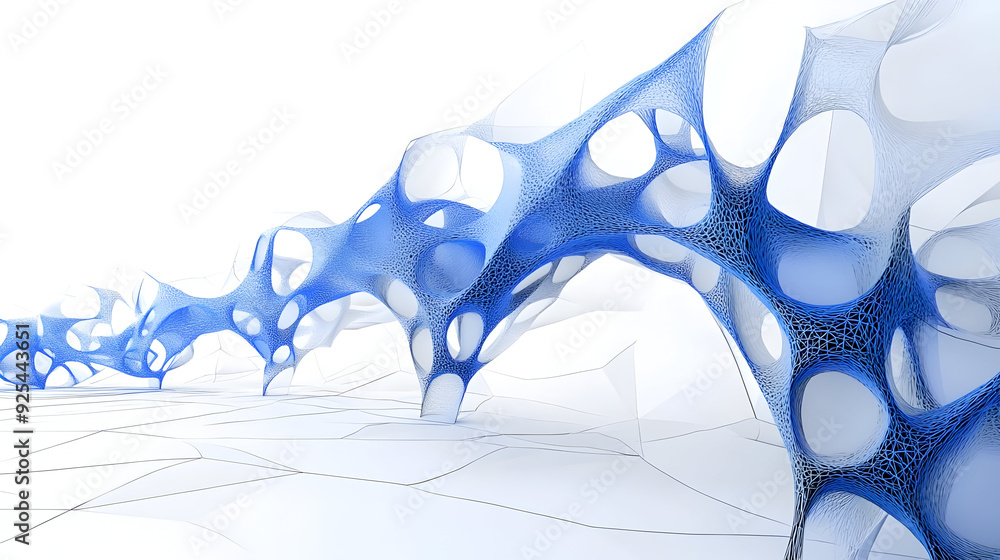 Poster abstract blue structure with interconnected forms against a white background.