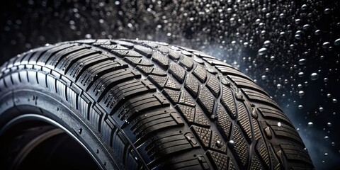 Close-up of a wet tire with intricate tread patterns, tire, wet, close-up, rubber, texture, road, automobile, black
