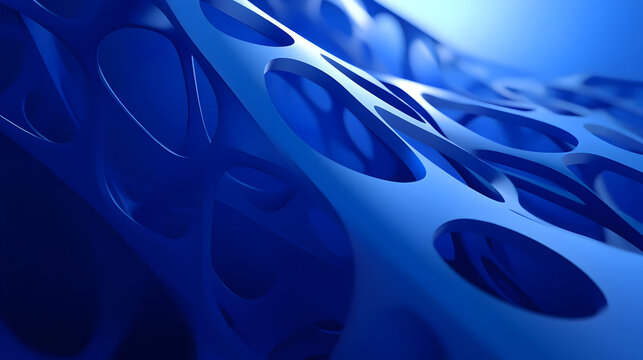 Abstract blue structure with circular openings, suggesting depth and fluidity.