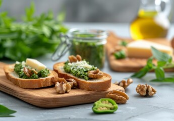 Fresh Basil Pesto Toasts With Walnuts on Wooden Cutting Board