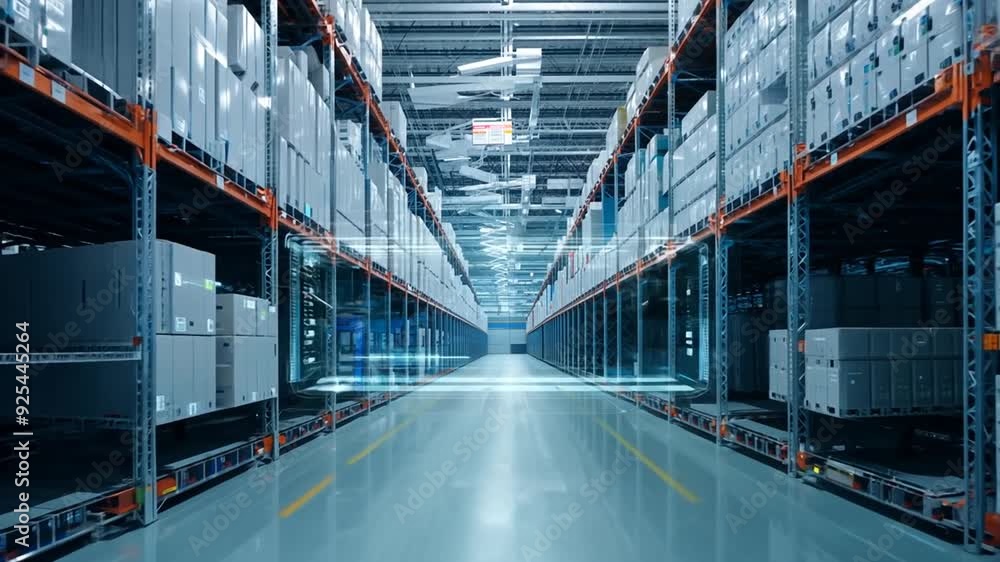 Poster high tech warehouse for efficient electronics storage and sorting generative ai