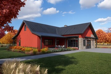 Modern Red Farmhouse with Stone Accents and Fall Foliage