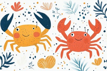 whimsical pattern of stylized crabs in pastel hues playful geometric shapes form claws and shells perfect for childrens textiles or wallpaper