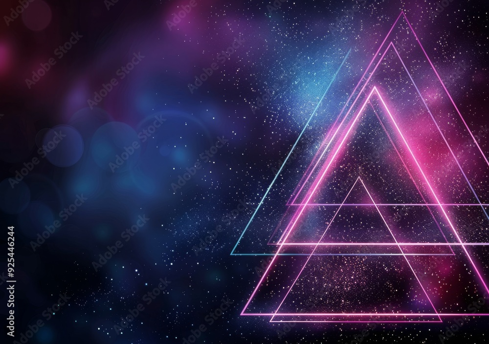 Poster neon triangles with cosmic background in a dark environment