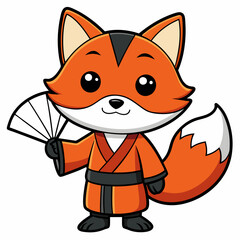 Animal Holiday Icon Cute Fox Kitsune Holding Handheld Fan Cartoon Vector