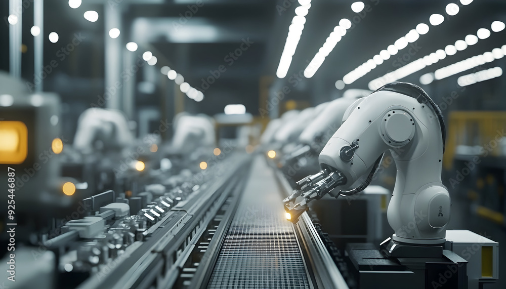 Poster hyper-realistic factory featuring ai-operated machines, presented in high definition.