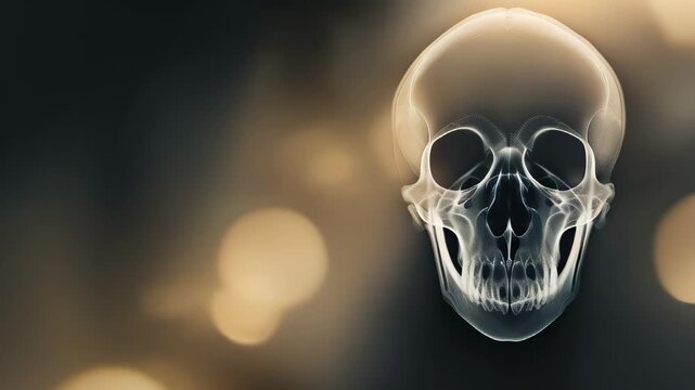 human skull against copy space template bokeh background . X-ray scull. Logo, intro, halloween background. Healthcare and medicine concept