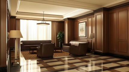 Modern Office Interior Design with Wooden Paneling and Leather Sofas