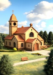 Naklejka premium Stone Church Building With Red Tile Roof In A Green Field