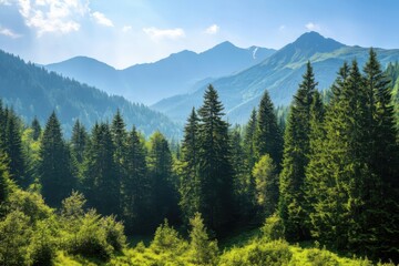 Obraz premium A serene mountain scene with green forests and distant peaks under a blue sky.