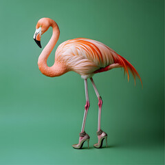 Colorful flamingo with high heel shoes. Green background.