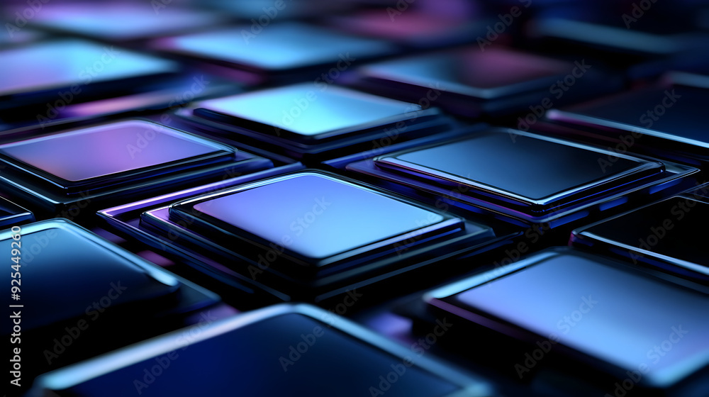 Poster abstract close-up of blue and purple iridescent squares, stacked in a grid pattern.