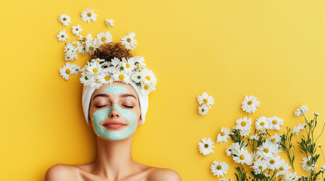 woman in spa with flowers, spa treatment, beauty care and self-care concept