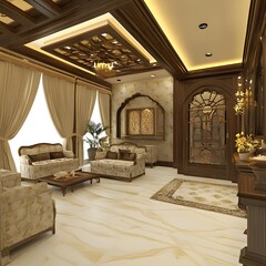 Luxury Living Room Interior Design With Ornate Ceiling