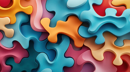 Abstract 3D rendering of colorful, interlocking organic shapes in a puzzle-like formation. The shapes are in vibrant hues of blue, orange, red, and beige.