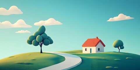 Fototapeta premium Cartoon House on a Hill with Winding Path