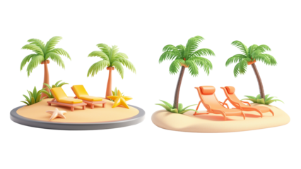 A cute beach icon with two palm trees and a lounge chair isolated