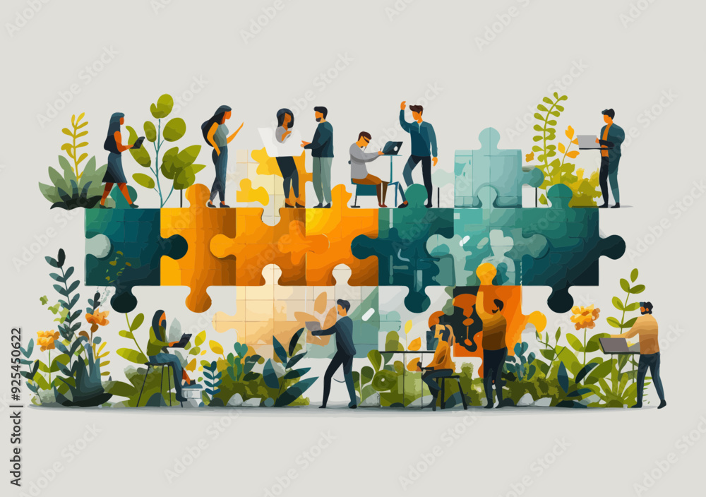 Poster collaborative office workers assembling jigsaw puzzle metaphor for business startup teamwork in mini