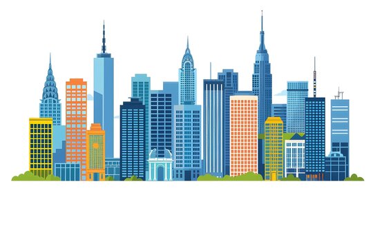 Flat City Skyline Illustration with Tall Buildings