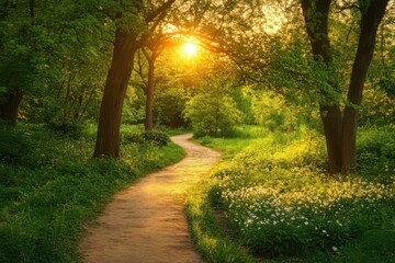 Fototapeta premium A tranquil forest path illuminated by the warm glow of the setting sun, surrounded by lush green foliage and vibrant wildflowers.