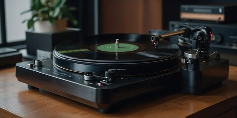Close-Up of Turntable with Vinyl Record and Tonearm for High-Quality Sound Experience