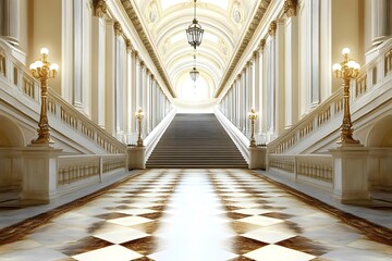 Obraz premium Grand Staircase with Checkered Floor and Golden Railings in a Palace