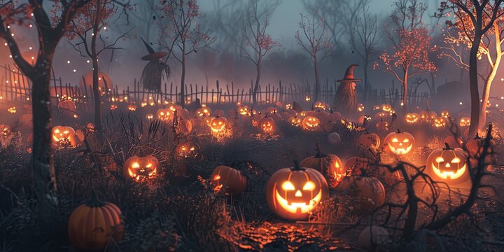 A glowing pumpkin patch at twilight, with carved jack-o'-lanterns and a misty backdrop. Shadows of scarecrows and bare trees create a festive eerie, fantasy illustration, banner with copyspace