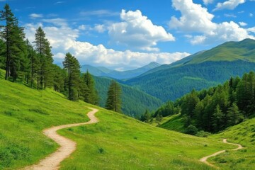 Obraz premium A winding trail through lush green hills with conifer trees under a bright, partly cloudy sky.