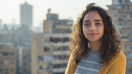 A woman standing in an urban environment, dressed casually and smiling, with city skyscrapers and building structures forming the backdrop.