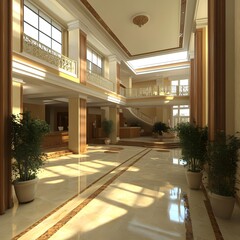 Luxury Hotel Lobby Interior Design with Marble Floors and Columns