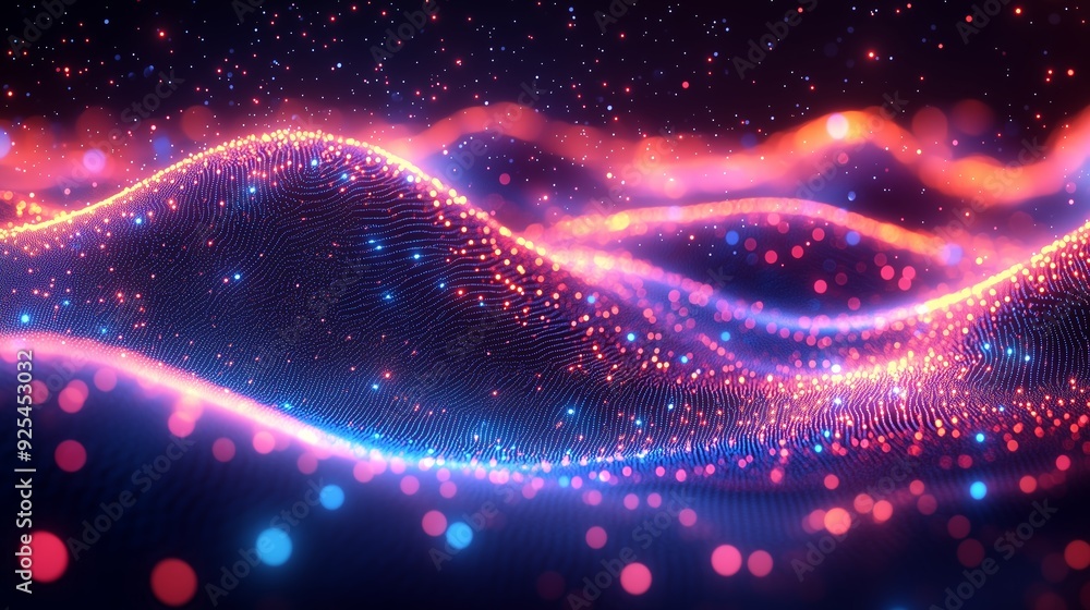 Poster colorful digital wave pattern with glowing dots and light trails against a dark background