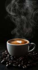 A steaming cup of coffee, surrounded by dark beans on the bottom and smoke rising from it. The 