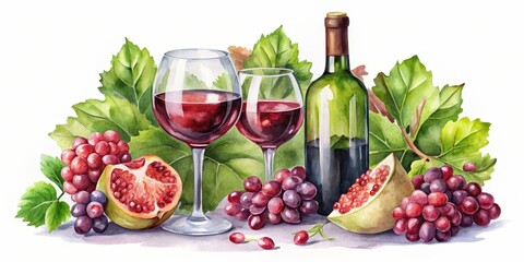 Watercolor of fruits, grapes, and wine glasses including red wine glasses, bottle of wine
