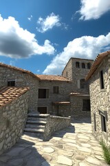Obraz premium Stone Village Buildings With Cobblestone Street Under Sunny Sky