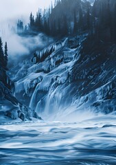 Frozen Waterfall in Winter Landscape