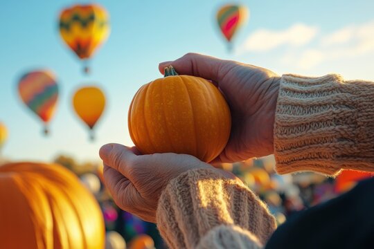 Hand holding a small pumpkin at a hot air balloon festival