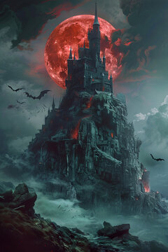 Tall, ominous castle on a hilltop, with bats flying around and a blood-red moon in the sky, surrounded by dark, stormy clouds and mist, gothic fantasy Halloween illustration, banner with empty space