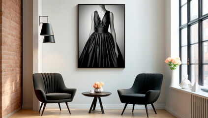 A minimalist interior featuring a stunning black and white fashion photograph as a focal point. 