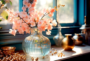 Fototapeta premium flowers on a sunlit windowsill. The soft, natural light